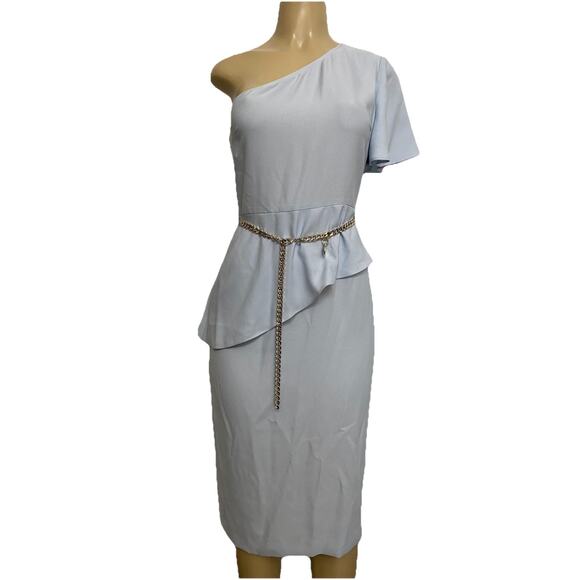 NWT Ted Baker Dress One Shoulder Baby Blue Peplum Sheath Chain Belt Midi 2 S 4 6 - Picture 1 of 10
